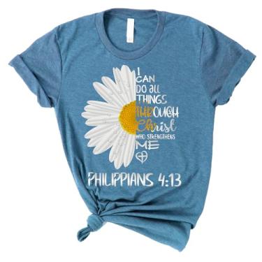 Imagem de Love in Faith | Camiseta cristã com estampa gráfica I Can Do All Things Daisy | Roupas baseadas na fé | Unissex, Azul-petróleo mesclado, XG