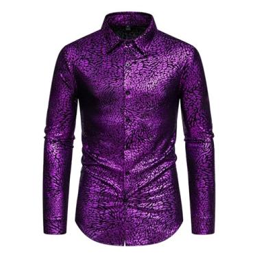 Imagem de Camisa masculina casual estampa leopardo bronzeamento slim fit mangas compridas cor combinando botões, Roxo, M