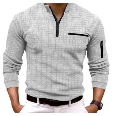 Imagem de Camisa polo masculina estampa xadrez cor sólida pulôver com zíper bolso gola alta camisa clássica, Cinza, XG