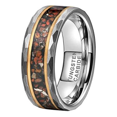 Imagem de TUTISS Anéis de tungstênio martelado prateado/preto de 8 mm para homens e mulheres, alianças de noivado, osso de dinossauro, meteorito, lascas embutidas, fosco, ajuste confortável, Metal, Sem pedra