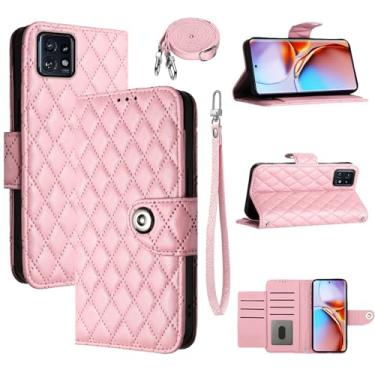 Imagem de Dswteny Capa carteira para Motorola Edge+ Plus 2023/Edge 40 Pro 5G/Moto X40 com alça de ombro transversal, padrão Argyle, bolsa flip de couro, capa para celular para X + meninas mulheres rosa