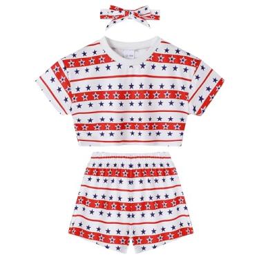 Imagem de WESIDOM Conjunto de camiseta de manga curta listrada 4th of July Baby Girl Outfit Stars com faixa de cabeça e shorts, B Branco + vermelho, 18-24 Meses