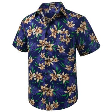 Imagem de Camisas havaianas masculinas manga curta casual floral botão camisa tropical verão férias praia Aloha Hawaii camisa, Folha floral azul marinho, G