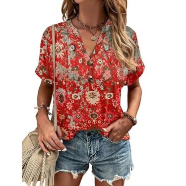 Imagem de Túnica floral feminina verão casual gola V manga curta blusa moderna camisetas com botão, Vermelho, XXG