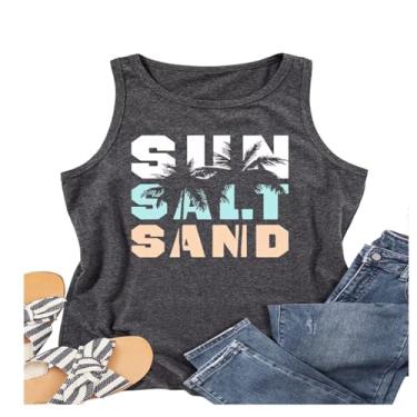 Imagem de Camiseta regata feminina Sun Sand Salt Coconut Tree com estampa gráfica havaiana verão praia casual solta, Cinza areia, M