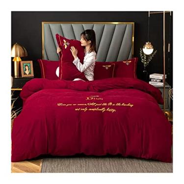 Imagem de Jogo de lençol de cama luxuoso de 4 peças, capa de edredom Queen verde-oliva luxuosa, macio, estilo simples, capa de edredom com 2 fronhas, forro de cama (um lençol de 1,5 m)