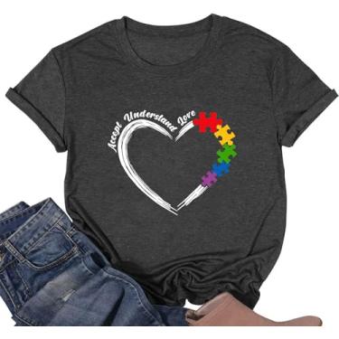 Imagem de Camiseta feminina de conscientização do autismo, camiseta com estampa "Accept Understand Love", manga curta, casual, Fnt0017-cinza, P