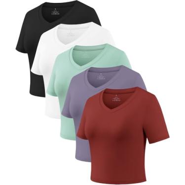 Imagem de Xelky Camiseta feminina cropped dry fit para treino, manga curta, lisa, gola V, casual, justa, Preto/Branco/Ciano/Roxo/Vinho, M