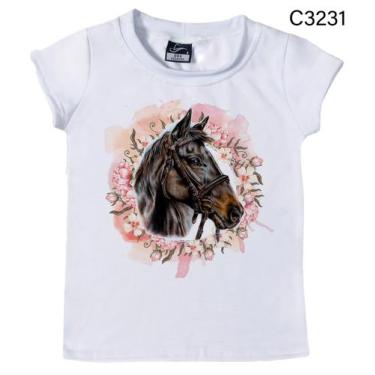 Imagem de Camiseta Feminina Infantil Cavalo Marrom Florido Country - Boutique De
