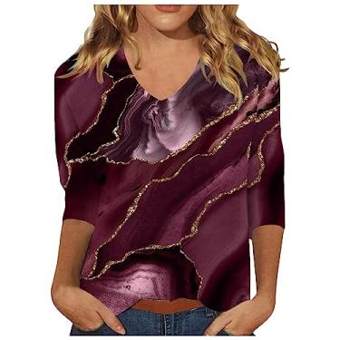 Imagem de Camisas de manga 3/4 de comprimento para mulheres 2024 blusas casuais de verão gola V sólida moda estampa floral blusa fofa pulôver solto, Vinho - 1, GG
