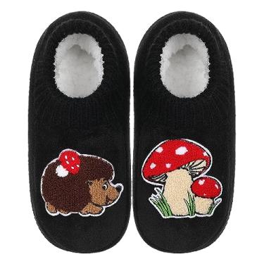 Imagem de ZYZX Pantufas femininas de animais com pegas, chinelos de malha quentes de inverno, divertidas, fofas, antiderrapantes, felpudas, aconchegantes e macias, meias forradas com lã, presentes, 136 preto,