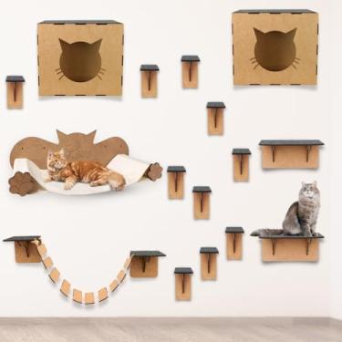 Imagem de BOXFAN Playground para gatos suspenso de parede 16 peças, ponte, degraus, nicho, rede de descanso pet em mdf reforçado, móveis e brinquedos para gatos