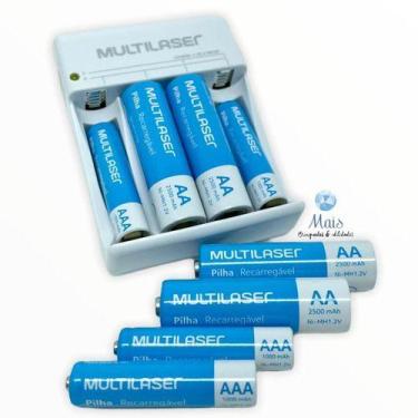 Imagem de 8 Pilha Recarregável  Aa e Aaa + Carregador Rápido Bivolt - MULTILASER