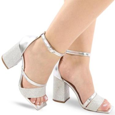 Imagem de Sandália Feminina Salto Grosso Bloco Alto Brilho P119 - Modarpe, Prata