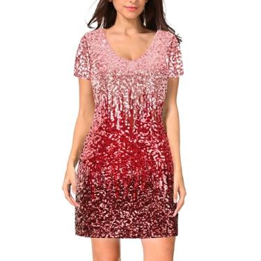 Imagem de MANER Vestido feminino de lantejoulas com glitter, manga curta, decote em V, mini vestido colado ao corpo, Canyon Rosa/Borgonha/Vermelho rubi, GG