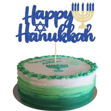 Imagem de 1 peça de topo de bolo Happy Hanukkah azul glitter castiçal menorá decoração de bolo para decoração de festa de aniversário judaico brilhante Chanucá