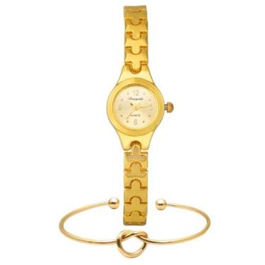 Imagem de Kit Relógio Mini Luxo Dourado Feminino + Pulseira Bracelete - LVPAI