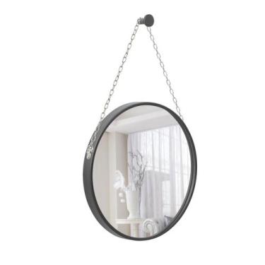 Imagem de Espelho Decorativo Adnet Preto Alça Corrente Cromada 40 cm Redondo - e