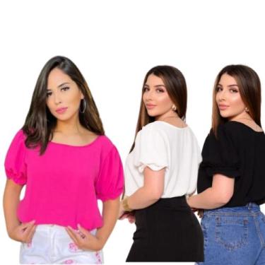 Imagem de Kit 3 Blusas Feminina Manga Curta Camiseta Básica Social - Anneguerra,