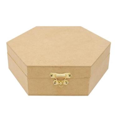 Imagem de Kit 10 Caixa Sextavada Tampa Dobradiça e Fecho 17x17x6 Mdf Madeira - A