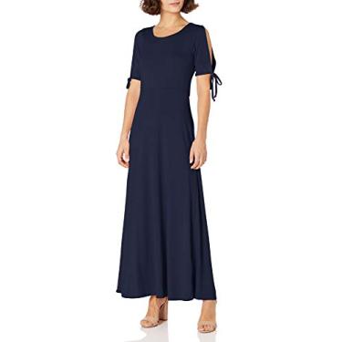 Imagem de Star Vixen Vestido longo feminino Petite manga curta/fenda nas costas com costura skater, Azul liso, GG