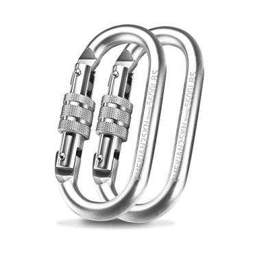 Imagem de EMEKIAN Mosquetão Oval para Escalada Interna E Externa, Pacote com 2, Clipes de Segurança Resistentes com Trava de Parafuso, 25 Kn (5600 Libras) para Rede, Corda, Caminhada, Acampamento