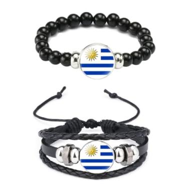 Imagem de Ykonuyis Pulseira de corda elástica de metal com contas pretas e pulseira de corda trançada de couro de liga para homens e mulheres apoia o seu país, Medium, Zinco, Vidro