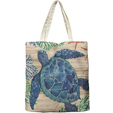 Imagem de Dlzdn Sea Turtle Canvas Tote Bag For Women Aesthetic Ocean Starfish Seaweed Vintage Tote Bag Shopping Grocery Bag Beach Bag Gifts for Women Teacher Reusable BagQA