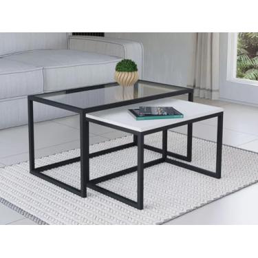 Imagem de Conjunto Mesa De Centro Industrial 65cm e 60cm Preto Duo Vidro e Madeira (Laca Branca)