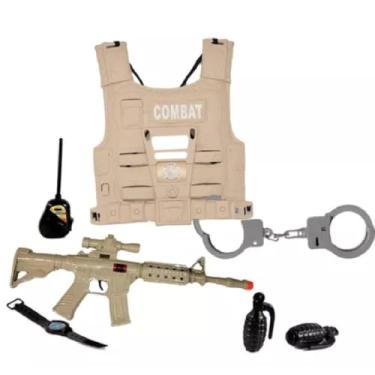 Imagem de Kit Militar Infantil com Colete Tático, Fuzil de Brinquedo, Algemas e Acessórios, Bege Inmetro