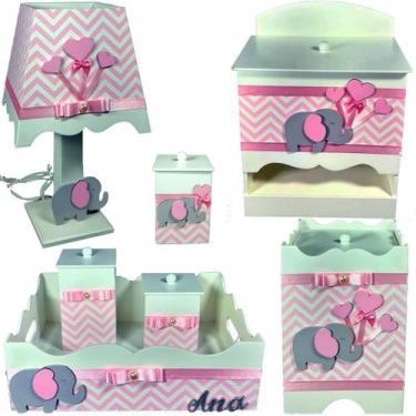 Imagem de Kit Higiene bebê Mdf menina 7 pçs - CHEVRON ROSA COM ELEFANTE ROSA - F