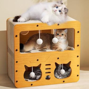 Imagem de AMYESE Casa de papelão arranhador para gatos, cama de 2 andares, espreguiçadeira, pequenos animais brincam, descansam, dormem, caixa de correio, tábua durável para entreter amigos felinos e evitar