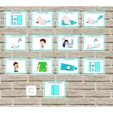 Imagem de Cards Educativo Infantil, Rotina de Higiene Bucal para Menino, Passo a Passo para Escovar os Dentes, 13 Etapas Ilustradas, 9 cm x 12 cm e com Argola Articulável