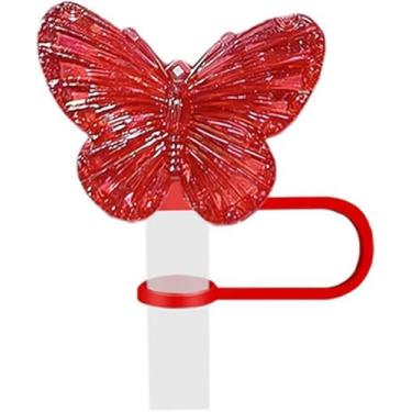Imagem de Tampas de palha de borboleta para copos, capas de palha de silicone fofas, acessórios de ponta de tampa de palha reutilizáveis para copo Stanley (vermelho)