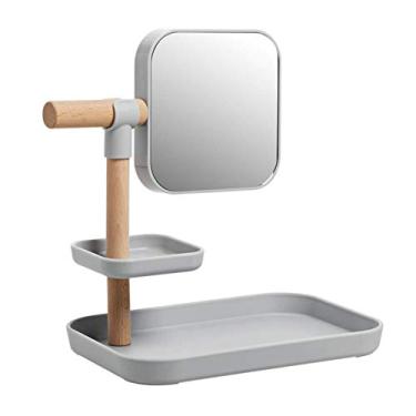 Imagem de Espelho de maquiagem de mesa faia com espelho caixa de armazenamento de cosméticos desktop multifuncional dupla face 360 graus giratório HD espelho de vaidade cinza (cor: cinza)