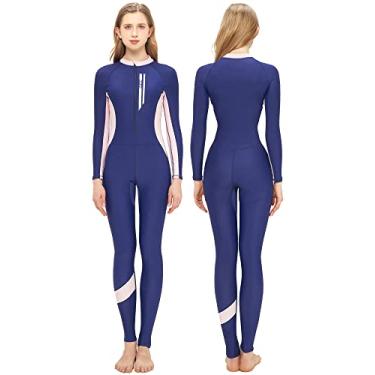 Imagem de SEAUR Maiô feminino Rash Guard com zíper frontal, roupa de banho para surfe, FPS 50+, roupa de banho esportiva, A azul-marinho - 3, G
