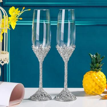 Imagem de Hanjue Conjunto de 2 taças de champanhe, taças de champanhe com strass, presente Idel para festa de aniversário de casamento, aniversário, Natal, 200 ml, par de taças de champanhe de cristal