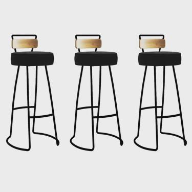 Imagem de Kit 03 Banqueta Alta Alice Bar Balcão Cozinha Com Encosto Madeira Ferro Preto Suede Preto - Ahz Móveis