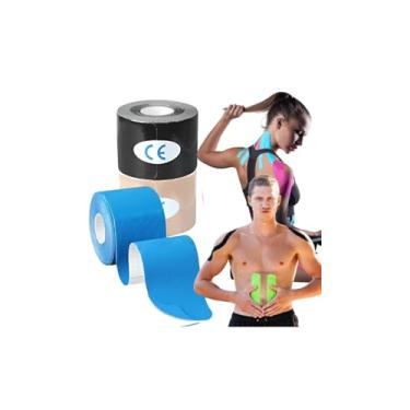 Imagem de Fita Kinesiológica para Fisioterapia, Fita Atlética, cores azul e rosa.