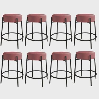 Imagem de Kit 08 Banquetas Alta Sintra 65cm Redonda Ferro Preto Suede Rose - Ahazzo Móveis