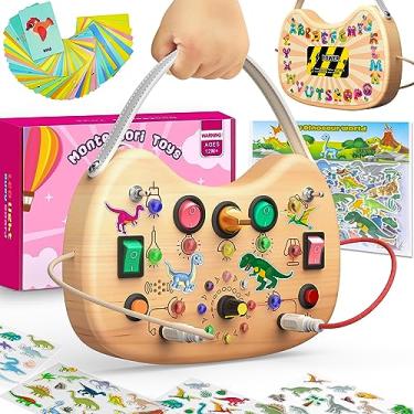 Imagem de flycoost Montessori Toddler Busy Board, Wooden Busy Board with 17 LED Lights, Travel Toys for Toddlers 1-3 Years, Light Switch Toys, Toddler Sensory Boards, Toys for 1 Year Old Girls