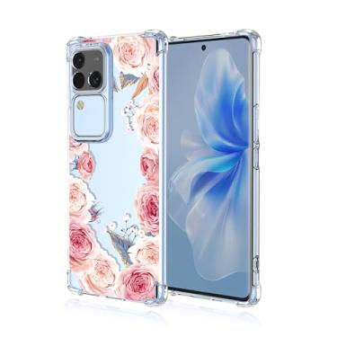 Imagem de RRXSYXL Capa para Vivo S18, V30 Pro com estampa floral transparente, capa macia à prova de choque, flores rosa, S18 Pro