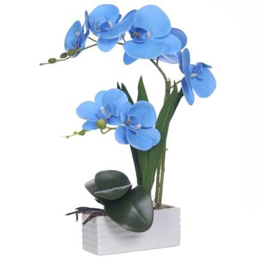 Imagem de FuleHouzz Flores artificiais de orquídea de toque real em vaso Phalaenopsis com vaso de cerâmica branca, arranjo de orquídeas falsas para decoração de casa, mesa, escritório, festa de casamento (azul)