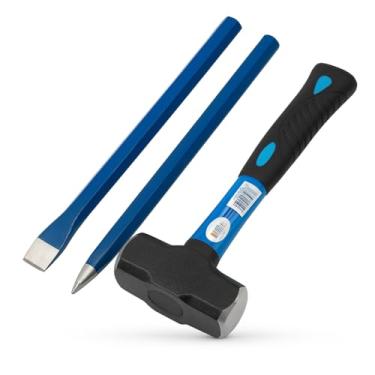 Imagem de Marreta 2kg Profissional Emborrachada oitavada Antivibração - cabo de fibra kit talhadeira e ponteiro ferramenta demolição obra