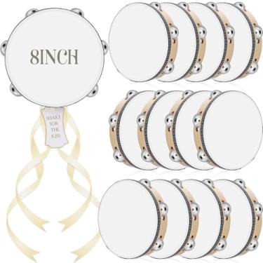 Imagem de Lukmaa Conjunto de 12 pandeiros de 20 cm para adultos Tamborins de madeira a granel com jingles de metal, etiquetas de presente, fita bege para presente de percussão instrumento musical para festa de