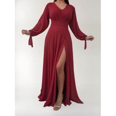 Imagem de Vestido Longo Festa Madrinha Manga Aberta Com Fenda E Decote - Casual 