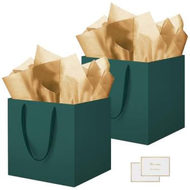 Imagem de HONTIUS Saco de presente preto extra grande, 2 peças, verde, 29 cm, quadrado, gigante, pacote de presente GG com papel de seda e cartão para presentes de aniversário de casamento, presentes de Natal