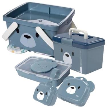 Imagem de Conjunto Infantil Porta Fraldas Descartáveis com abertura tipo fenda, Tampa com travas e Alças de Transporte + Maleta Farmácia com Tampa Basculante, Trava de Segurança e Alça de Transporte + Porta Lenço Umedecido de Plástico com Fechamento Hermético de Borracha e Sistema de Abertura Facilitado + Por