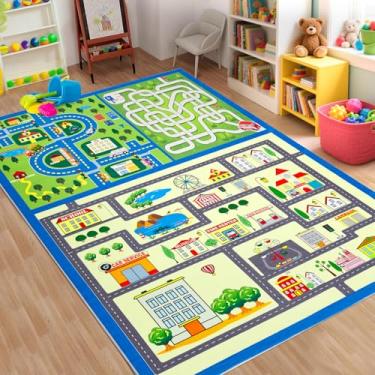 Imagem de COZYLOOM Tapete lavável para crianças, 12 x 18 cm, antiderrapante, mapa de estrada da cidade, tapete de pista de corrida para sala de jogos, tapete educativo ultra macio, resistente a manchas para