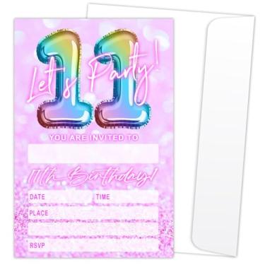 Imagem de Let's Party Cartões de convite de festa de 11 anos para meninos meninas crianças rosa e balões com glitter convites 20 convites de preenchimento com envelopes decoração de lembrancinhas de aniversário